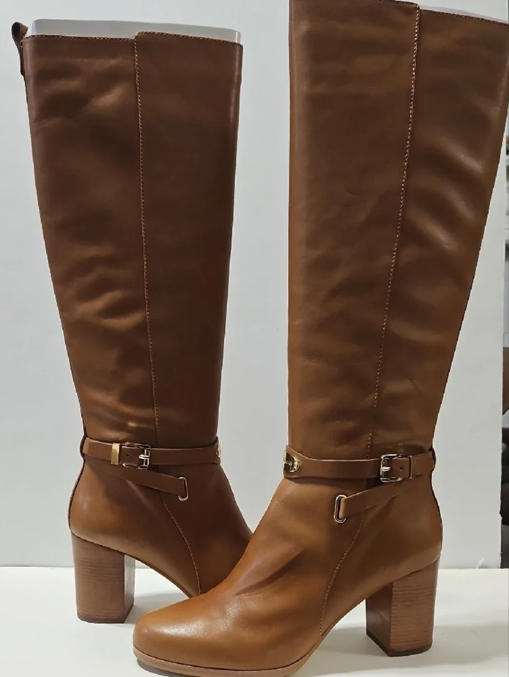 Michael Kors Arley Women's Luggage Brown Leather Riding Boots w/ Block Heel